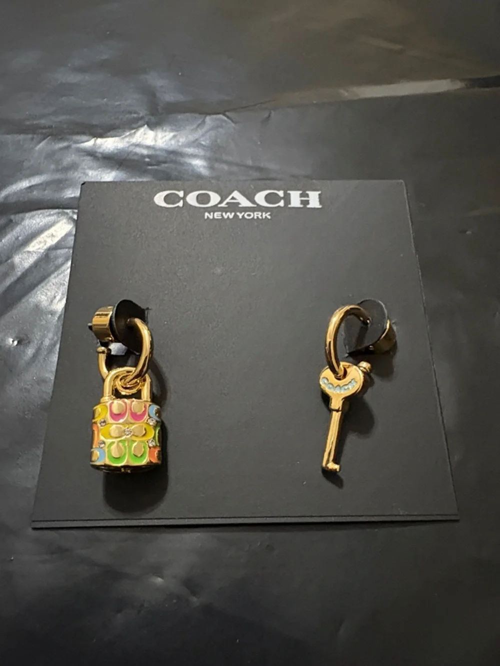 Coach Gold Padlock and Key Enamel Dangle Earrings - Multicolor Accents - Picture 1 of 3